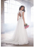 Queen Anne Neckline Ivory Lace Tulle Wedding Dress With Beaded Belt